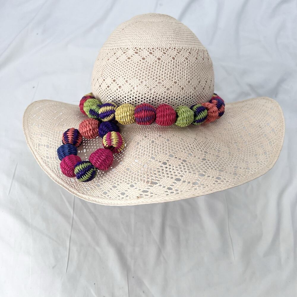 Montecristi Hats Ecuador Straw Floppy Wide Brim Sun Hat Colorful Details - Picture 4 of 10